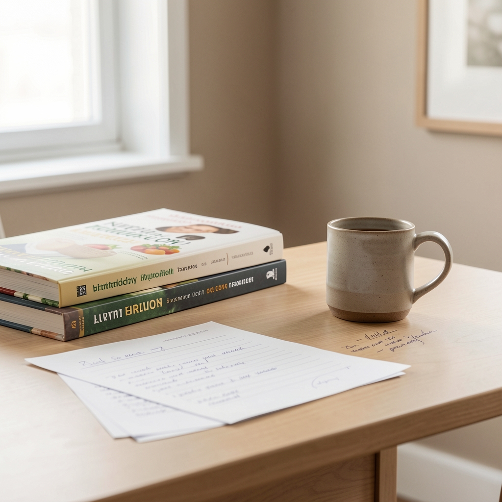 Editorial desk with nutrition books, marked papers and a ceramic mug in a soft beige office