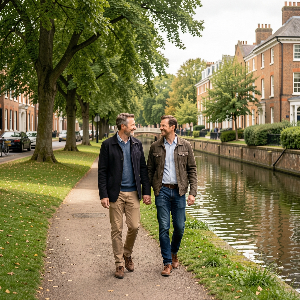 Two adults walking together beside a leafy canal in an English city park