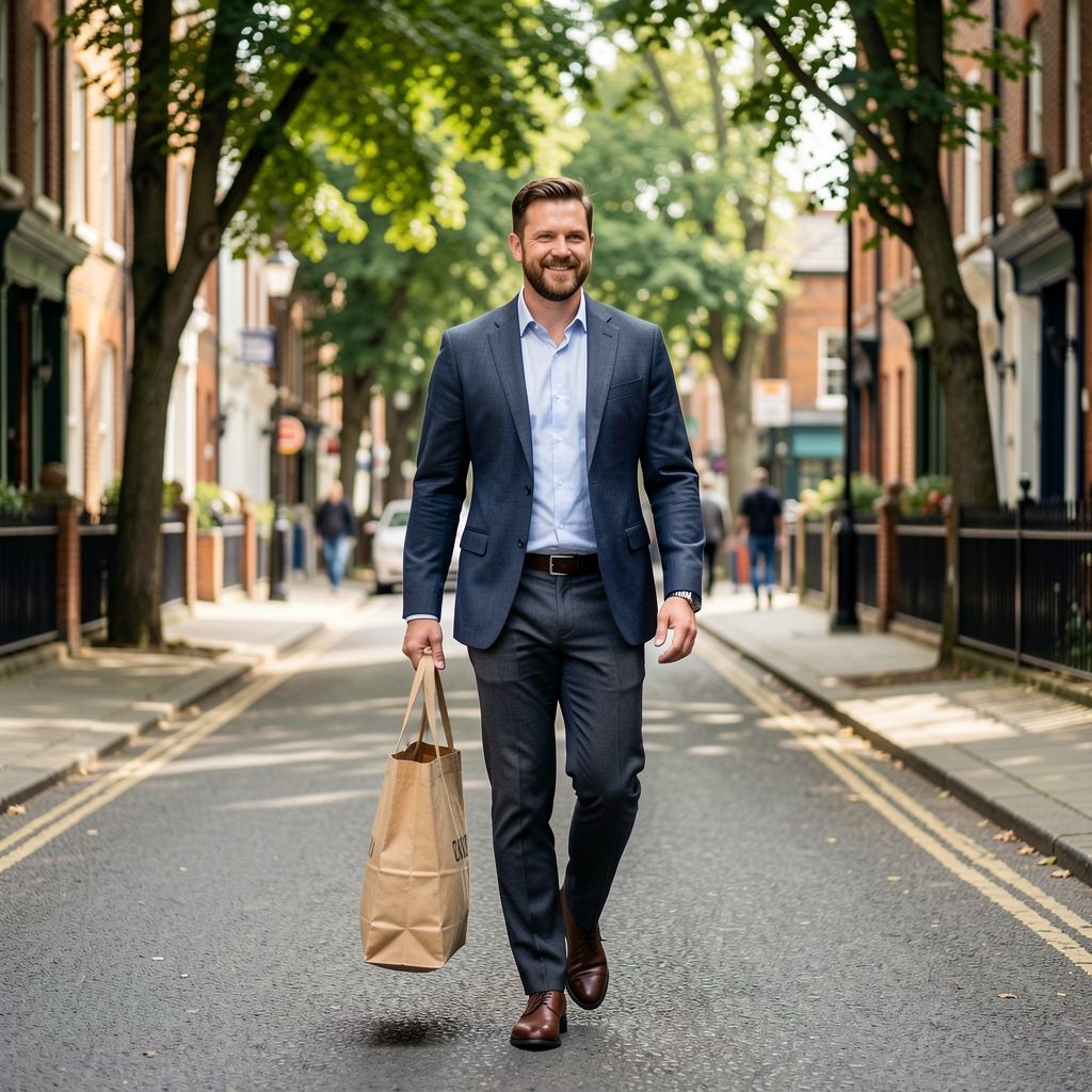 Man walking along a leafy Bristol street carrying a reusable shopping bag