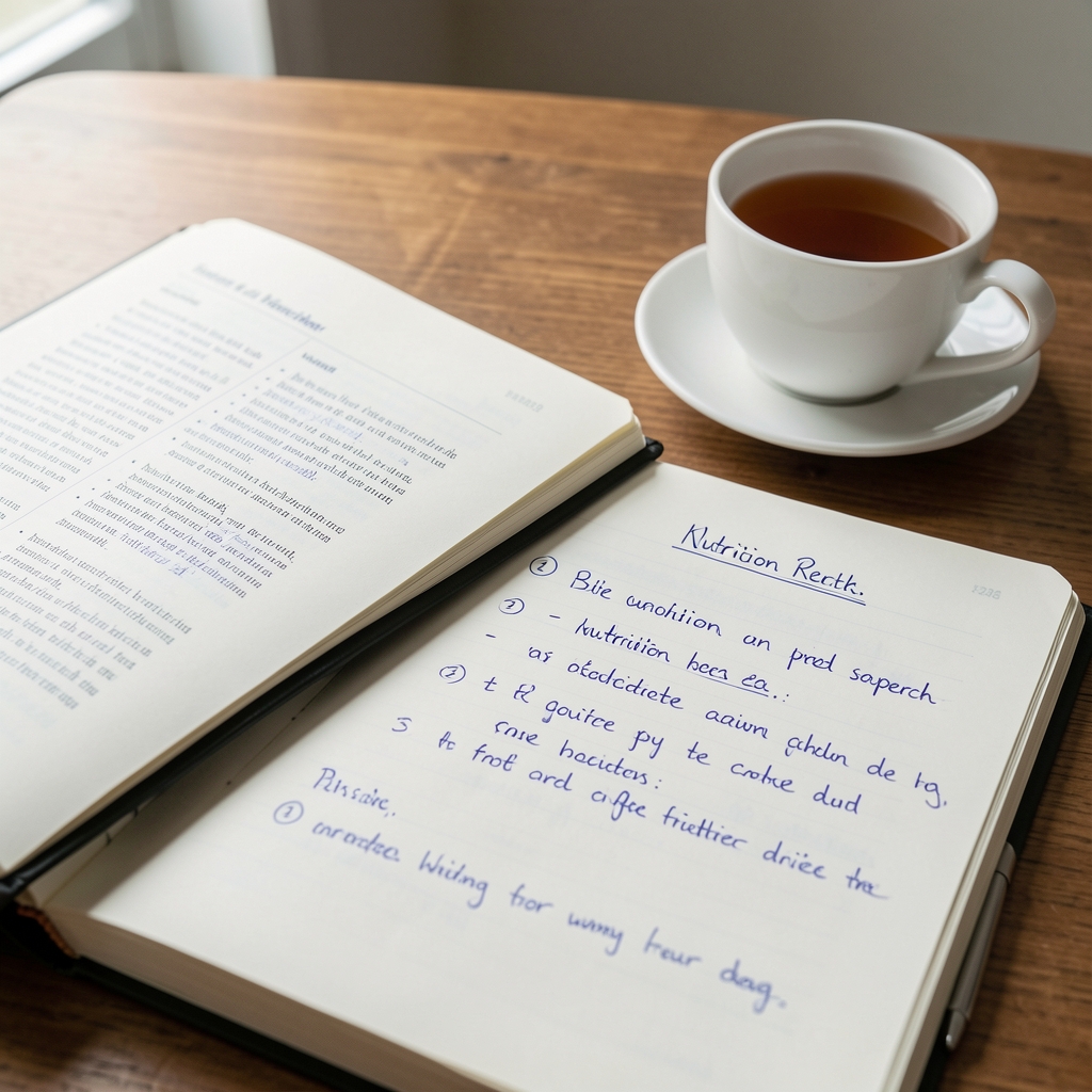 Open editorial notebook beside a cup of tea and handwritten nutrition research notes
